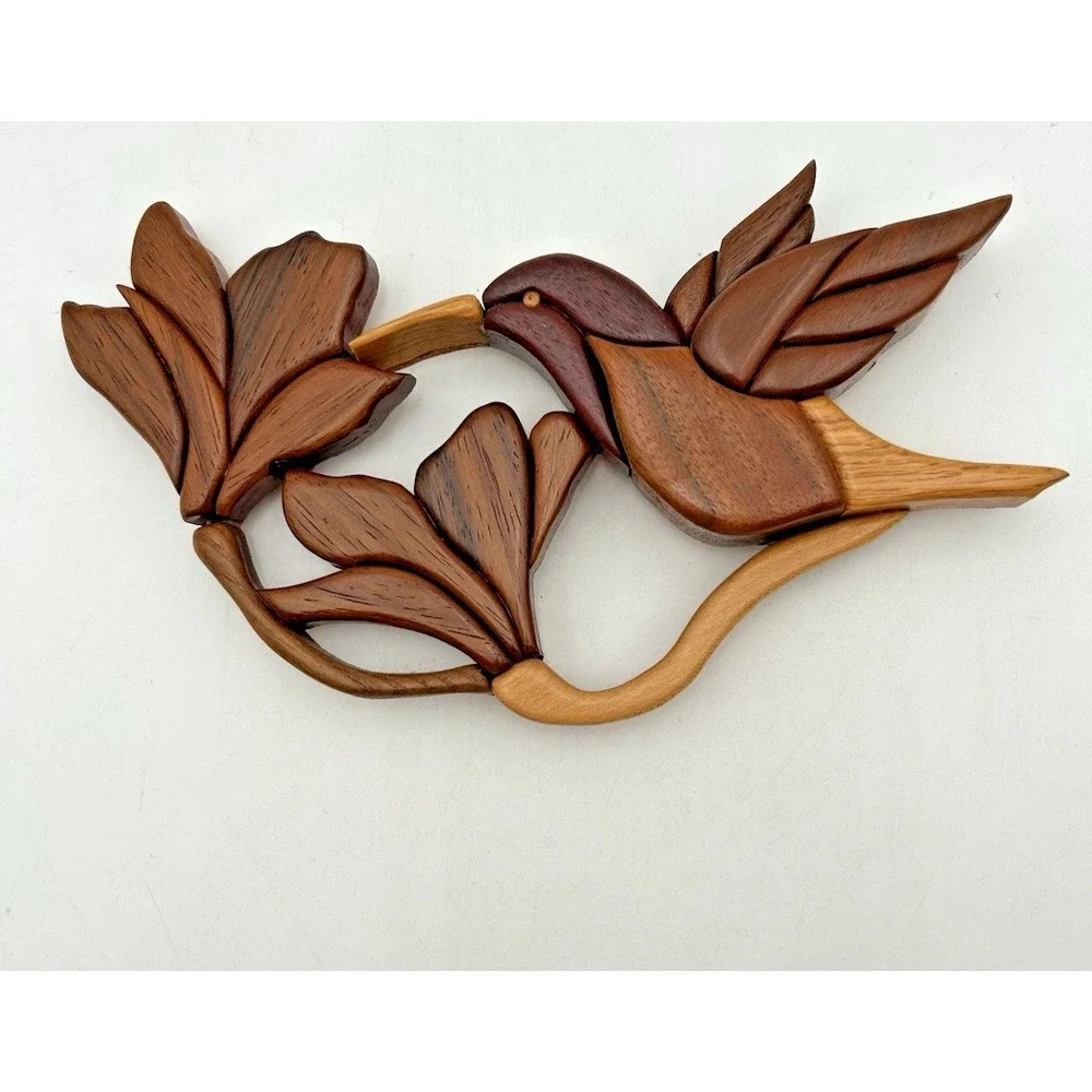 Hand crafted Intarsia Wood Art HUMMINGBIRD & Flower Wall Plaque 3D